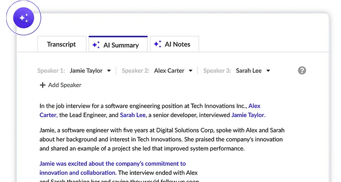 AI-generated interview transcript and summary interface