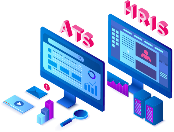 ATS and HRIS platforms and dashboards are shown side by side