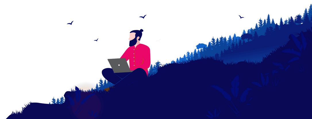 An illustrated remote worker with a laptop in a forested mountainside. 