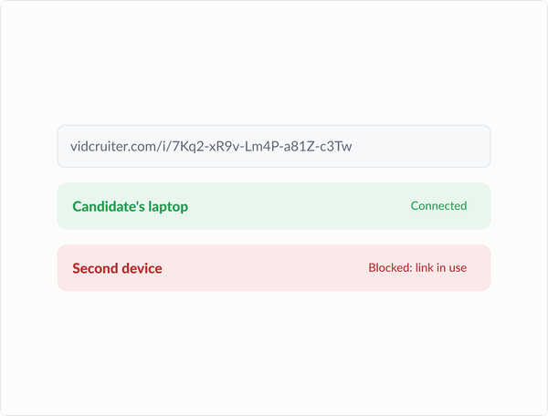 Unique VidCruiter interview link connected on the candidate's laptop, with a second device blocked because the link is already in use