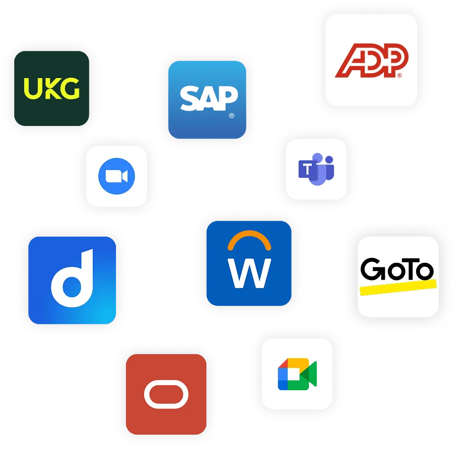ATS and video conferencing integration logos including UKG, SAP, ADP, Zoom, Teams