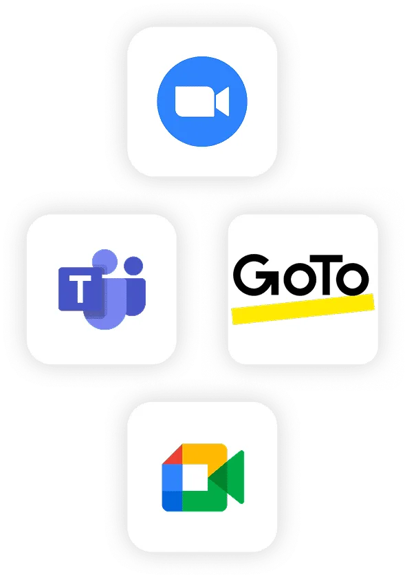 Video conferencing platform logos: Zoom, Teams, GoTo, Google Meet