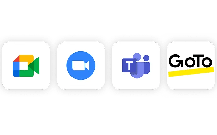 Video conferencing platform logos: Zoom, Teams, GoTo, Google Meet